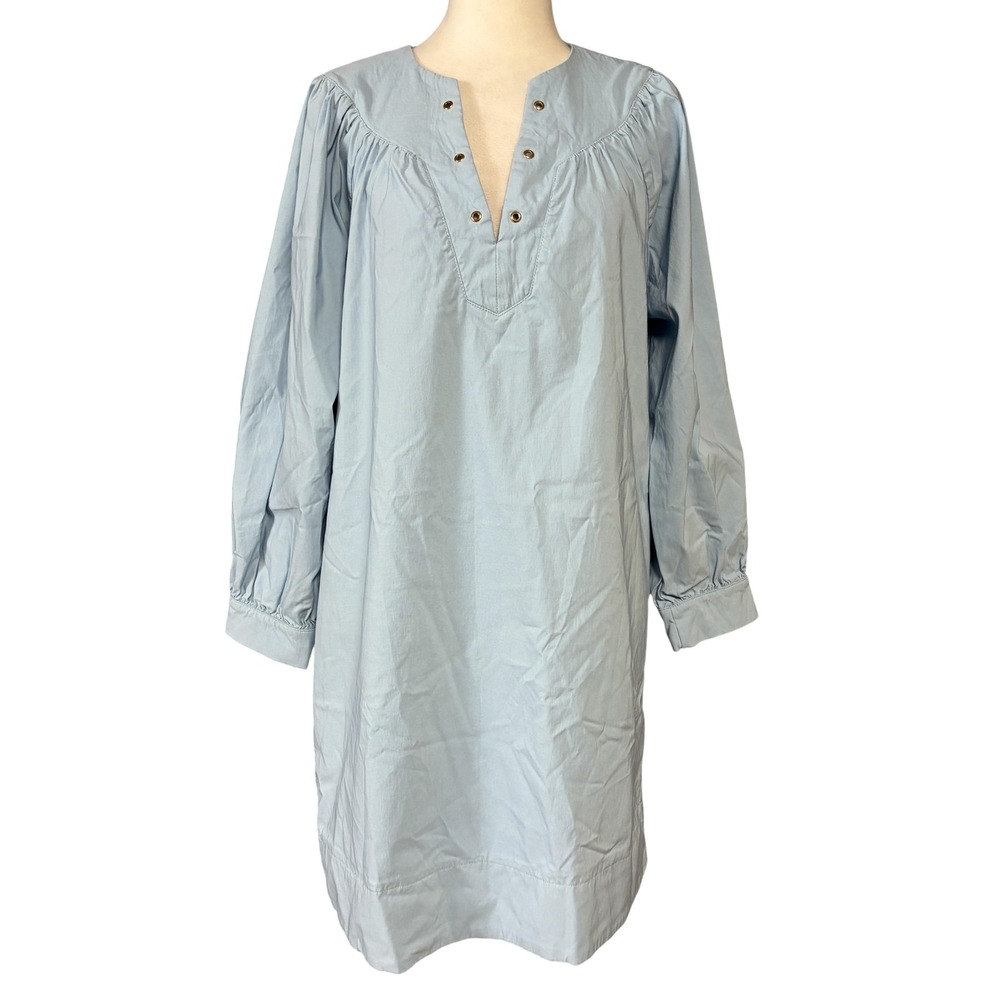 Pomander Place Dress Womens M Blue Grommet V Neck Shift Tunic Long Sleeve B1076